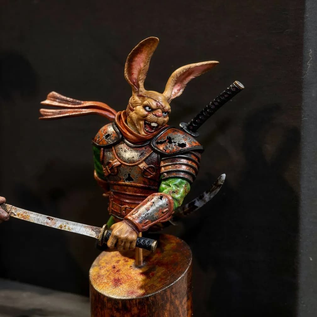 AI generated painted scheme of the rabbit samurai miniature